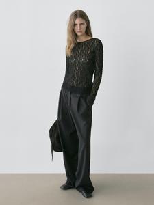 Ажурный вязаный топ с длинными рукавами и кружевом Massimo Dutti, black