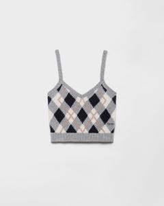 Кашемировый топ с вязкой аргайл Prada, серый