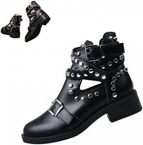 BlackeEight Женские черные ботильоны на щиколотку с заклепками и пряжкой, готические панк-босоножки с вырезами, каблук-блок, мотоциклетные ковбойские боевые ботинки