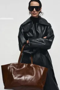 Кожаная сумка-шоппер с прошитыми краями Zara, темно-бежевый