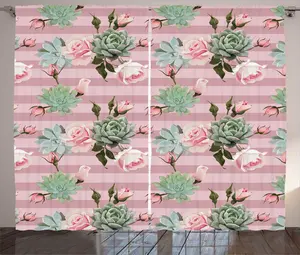 Шторы ABAKUHAUS Floral Rustic с романтическими розами и суккулентами, универсальные ленточные шторы для гостиной с петлями и крючками, 280 x 225 см, нежно-розовый оттенок морской пены Abakuhaus