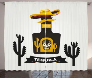 Штора ABAKUHAUS Tequila Rustic, Сахарный череп на шляпе из бутылки, присборенная штора из тесьмы для спальни с петлями и крючками, 280 x 225 см, цвет коксово-серый, земляно-желтый, кокосовый Abakuhaus