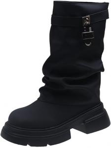 No Brand Женские ботинки с отворотом, винтажная металлическая пряжка, округлый носок, на платформе, без застежки, мотоциклетные боевые ботинки (черные, 6)