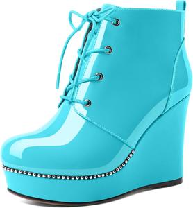 Женские ботильоны Eldof Wedge с круглым носком, шнуровкой и бисером, высокие на каблуке 4 дюйма, из лакированной кожи, Turquoise