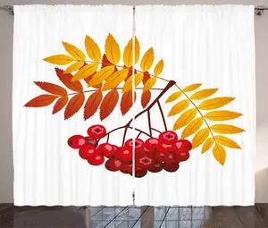 Штора ABAKUHAUS "Рябина в деревенском стиле", "Осенние ягоды", универсальная ленточная штора для гостиной с петлями и крючками, 280 x 225 см, темно-оранжевый, желтый, красный Abakuhaus