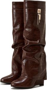 Сапоги с отворотом для женщин, острый носок, на танкетке, до колена, с боковой молнией и декоративным замком CDHYX, Brown-Crocodile