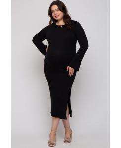 Длинное платье большого размера, темно-зеленого цвета в рубчик с боковым разрезом Pinkblush, Black