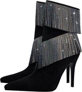 Женские короткие ботильоны на высоком каблуке-стилет с кисточками и стразами, размер 8 см, заостренный носок, модные UNWRBD, Black