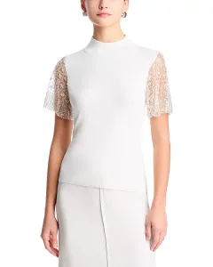 Свитер с рукавами-крылышками, расшитый пайетками и бисером. T Tahari, белый