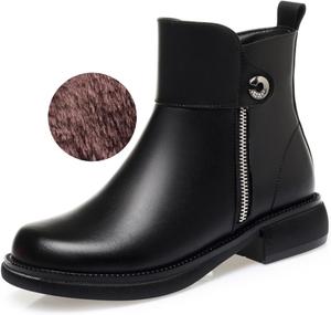 Женские зимние кожаные ботинки с плюшевой подкладкой, массивным каблуком и молнией, в ретро-стиле, с круглым носком, мягкие, теплые, нескользящие, повседневные ботинки для мам NELSBREX, Black Plush