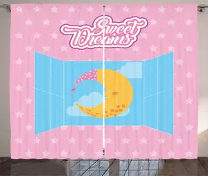 Штора ABAKUHAUS Sweet Dreams в деревенском стиле, окно Луна и небо, универсальная ленточная штора для гостиной с петлями и крючками, 280 x 245 см, бледно-голубой и желтый цвет Abakuhaus