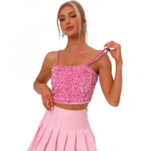 Женский бархатный укороченный топ на бретельках с блестящими пайетками на тонких бретелях ALLEGRA K, цвет Light Pink