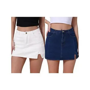 2 упаковки женских джинсовых шорт-юбок с высокой талией, а-силуэтом, эластичных, с боковым разрезом, мини Inspire Chic, White Dark Blue