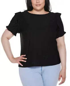 Топ с рукавами-рюшами и ажурной вязкой Plus Size Belldini, черный