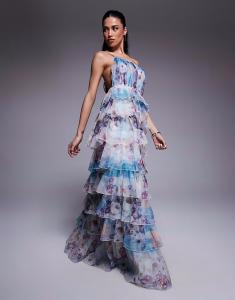 Платье макси из органзы с асимметричными воланами и цветочным принтом Asos Luxe