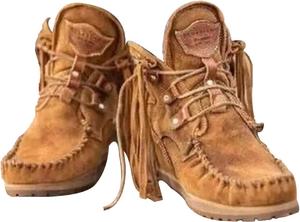 Женские винтажные ковбойские ботильоны MOYOWEI с бахромой, легкие и удобные замшевые высокие ботинки с круглым носком, хиппи-мокасины