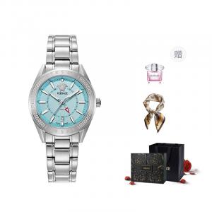 VERSACE Часы кварцевые с механизмом, браслет из нержавеющей стали, синий циферблат 42 мм, мужские часы, комплект с фиолетовой розой в коробке и шелковым шарфом