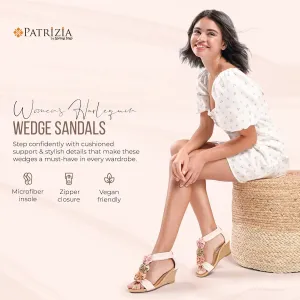 Женские сандалии на танкетке PATRIZIA HARLEQUIN с ремешком на щиколотке и T-образным ремешком - Цветочный дизайн, мягкая стелька, застежка на молнии сзади, белый