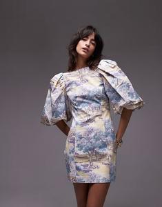 & Other Stories мини-платье с рукавами-фонариками и глубоким вырезом на спине с винтажным пейзажным принтом