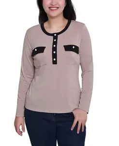 Женский топ с длинными рукавами и контрастной отделкой NY Collection, мультиколор