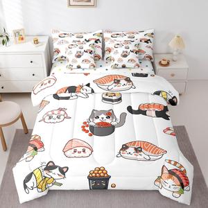 Erosebridal Комплект постельного белья Japanese Sushi с милыми котятами и японской едой в этничном кавай стиле, White Orange Grey Black