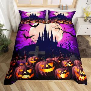 Erosebridal Комплект постельного белья Halloween с готическими тыквами замками летучими мышами и лунным силуэтом в ночном синем цвете, Multi 06