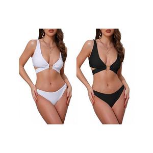 2 комплекта женского купальника с широкими бретелями, вырезом в виде кольца и V-образным вырезом, топ на завязках и треугольные трусики Inspire Chic, White Black