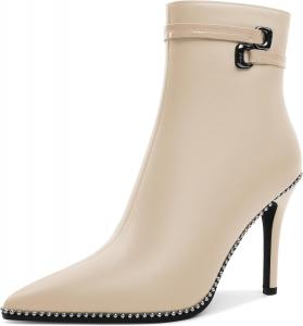 Женские ботильоны Soireelady с заостренным носком, тонким высоким каблуком, расшитые бисером, с коротким голенищем, боковой молнией и металлической пряжкой, каблук 4 дюйма, Matte Beige