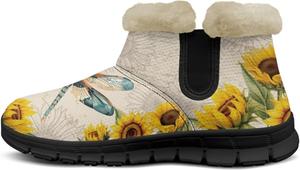 Женские зимние ботинки с теплой подкладкой из меха, прогулочные теплые ботинки, сетчатые ботинки на молнии, легкая и комфортная обувь Eheartsgir, Dragonfly Sunflower