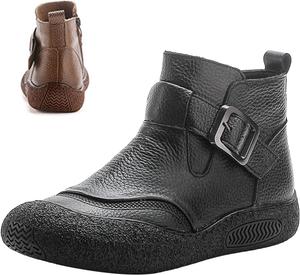 Женские винтажные кожаные повседневные ботинки с поддержкой щиколотки, удобные, теплые, водонепроницаемые, с нескользящей мягкой подошвой, пряжкой и молнией, короткие ботильоны HNEOWGN, Black