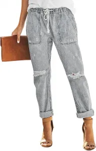 Джинсы Casual Denim Distressed для женщин Plus Size с эластичным поясом на шнурке
