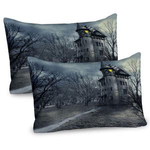ABAKUHAUS Чехол на подушку для Хэллоуина, набор из 2 шт., дизайн для Хэллоуина с готическим домом с привидениями, темным небом и голыми деревьями, тема с привидениями, декоративный чехол для подушки с принтом, 80x40 см, бирюзовый