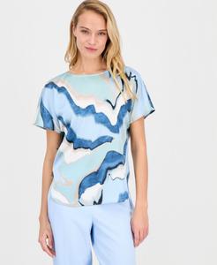 Женская футболка с принтом, вырезом-лодочкой и короткими рукавами Anne Klein, Opal Blue Multi