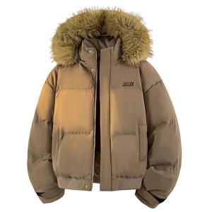 Пуховик Unisex с меховым воротником и флисовой подкладкой X1617, коричневый puffer jacket