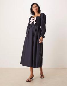 Гламурное платье миди с рукавами-фонариками и галстуком-бабочкой спереди в темно-синем цвете Glamorous