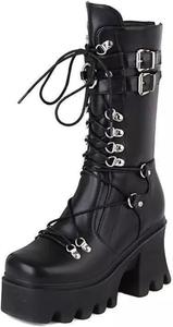 Женские ботильоны UOQAPRE с высокой платформой, средний каблук, грубый толстый каблук, круглый носок, боковая молния, зимние панк-ботинки для женщин, Black-P