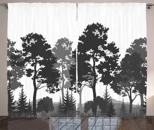 ABAKUHAUS Черно-белая штора в деревенском стиле, летний лес, спальня, присборенная штора с петлями и крючками, 280 х 175 см, цвет темно-серый, белый, серый Abakuhaus