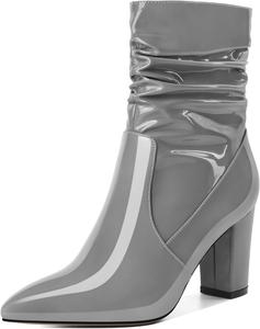Женские свободные ботильоны Mettesally с высокими массивными каблуками, заостренным носком, боковой молнией, каблук 3,5 дюйма, полусапожки для платья, Patent Grey