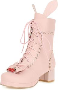 Женские ботильоны на низком каблуке с платформой, шнуровкой, украшенные бантом, клубничкой и ушками кролика, мода, сладкий стиль, Лолита, принцесса, короткие ботиночки LYYSKY, Black