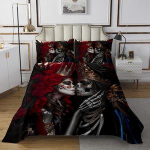 Erosebridal Готический комплект постельного белья с черепами и этническими узорами, скелетами и розами, мягкий и теплый, Black Red Golden