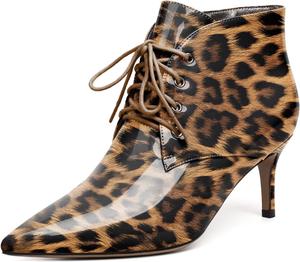 Женские ботильоны Eldof на низком каблуке 2,5 дюйма с заостренным носком, шнуровкой и удобные для прогулок, Patent Leopard