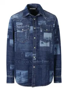 Джинсовая рубашка с газетным принтом PALM ANGELS, синий