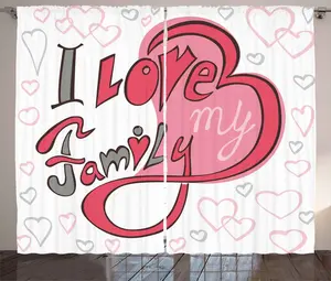 Штора ABAKUHAUS Pink Rustic, с завитком в виде сердца I Love Family, присборенная штора из тесьмы для спальни с петлями и крючками, 280 x 175 см, цвет: белый, серый, розовый Abakuhaus