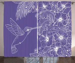 Штора ABAKUHAUS Botanical Rustic, тропическая флора, колибри, штора из тесьмы для спальни со сборками, петлями и крючками, 280 x 225 см, темно-фиолетовый с белым Abakuhaus