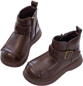 Детские ботильоны для девочек с боковой молнией, осень-зима, уличная обувь для малышей, удобные, на платформе, короткие, с плюшевой подкладкой, кожаные с ремешком и пряжкой, противоскользящие, для верховой езды Generic, Brown