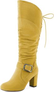 Женские сандалии Zamikoo, свободные ботильоны до колена с круглым носком, массивным каблуком, боковой молнией и металлической пряжкой, высокие повседневные сапоги на каблуке 3,5 дюйма, Suede Yellow