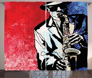 Штора ABAKUHAUS в стиле джаз-рустик, Музыкант, играющий на саксофоне, для спальни, присборенная тесьма с петлями и крючками, 280 x 225 см, цвет вермо, темно-синий и черный Abakuhaus