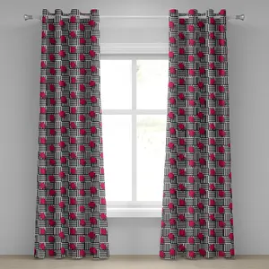 Шторы на люверсах ABAKUHAUS для комнаты подростка, с абстрактным геометрическим минималистичным рисунком линий и квадратных кубов, декоративные двухпанельные шторы, 280 см x 245 см, пурпурный, черный и белый Abakuhaus