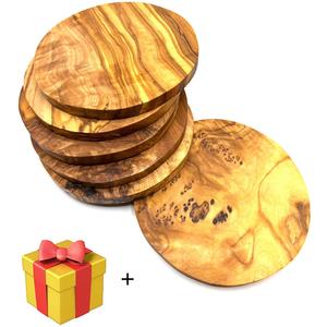 Подставки для напитков из оливкового дерева 6 шт. круглые подставки Защитный коврик для стола, устойчивый к царапинам, антибактериальный, долговечный, пригодный для контакта с пищевыми продуктами Olivenholz-Erleben, коричневый