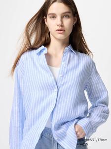 Рубашка из 100% льна премиум-класса в полоску Uniqlo, цвет 61 синий